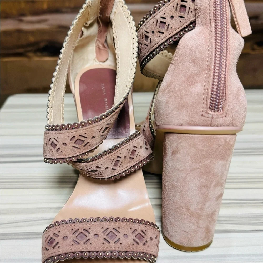 ZARA Mauve pink Laser Cut Heel studded Sandal suede chunky street wedding boho 8
